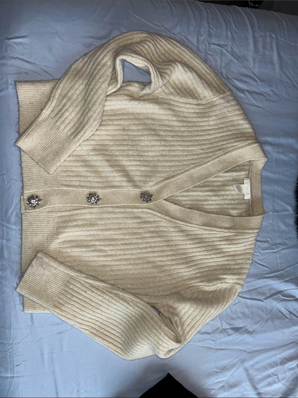 H&M Cream Ribbed Cardigan with Decorative Crystal Buttons
